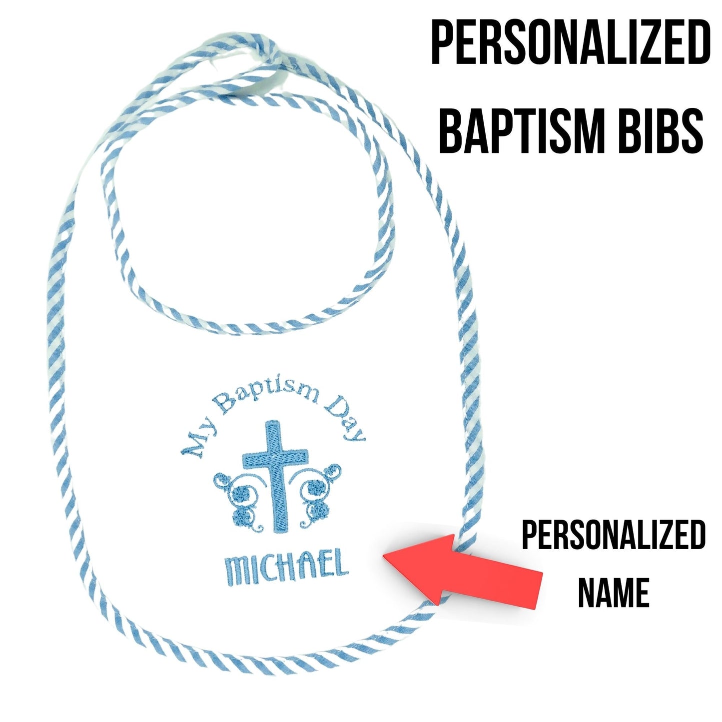 Baptism bib embroidered and personalized with baby’s name makes an excellent gift for a new baby