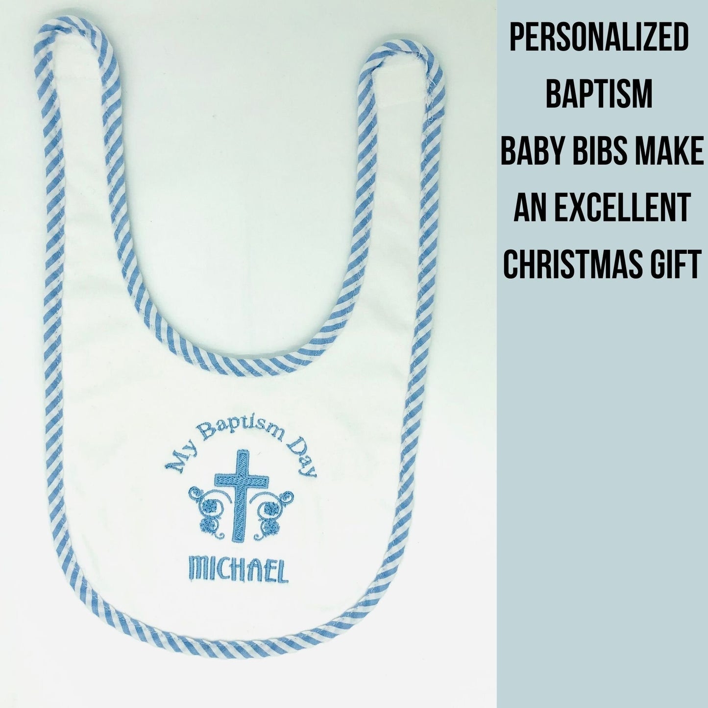 Baptism bib embroidered and personalized with baby’s name makes an excellent gift for a new baby