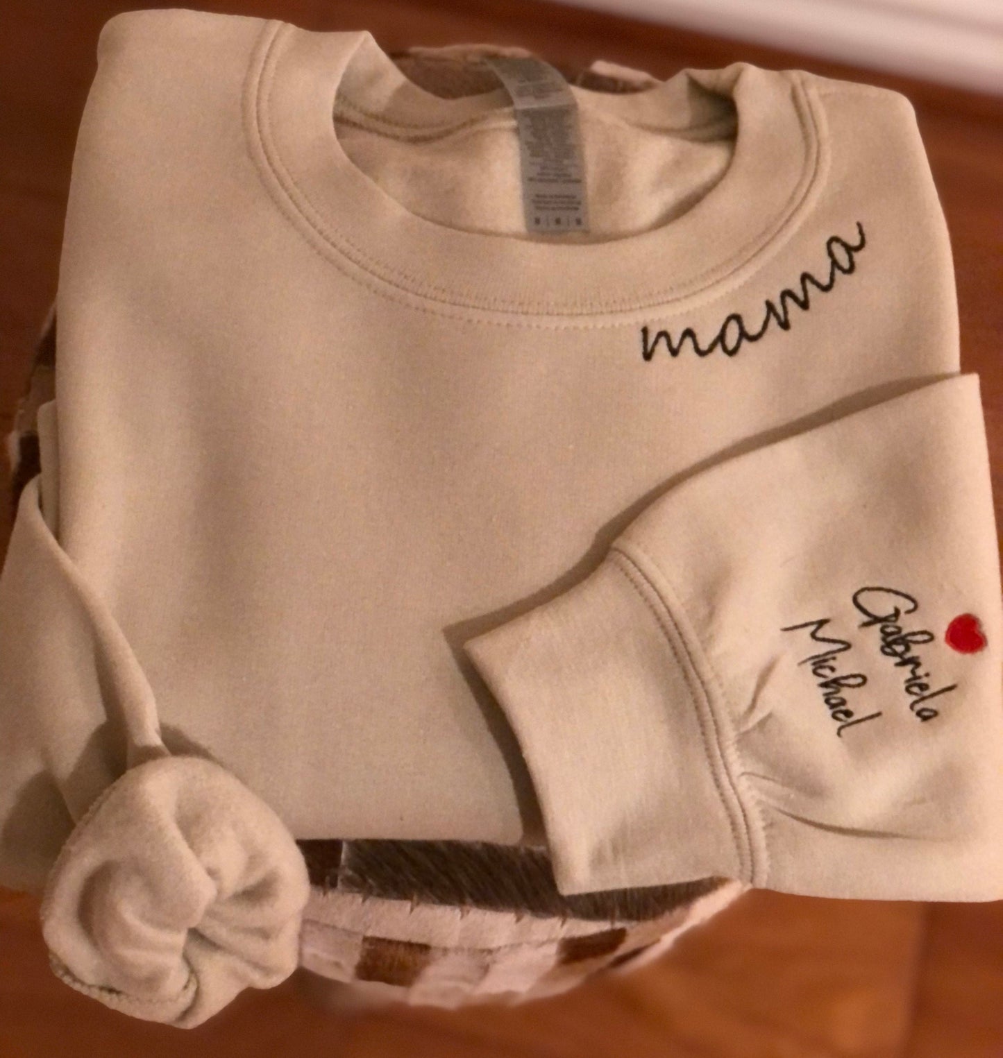Personalized Embroidered Neck Mama Sweatshirt with Children's names on Sleeve makes an excellent Gift for Mom on Mother's Day