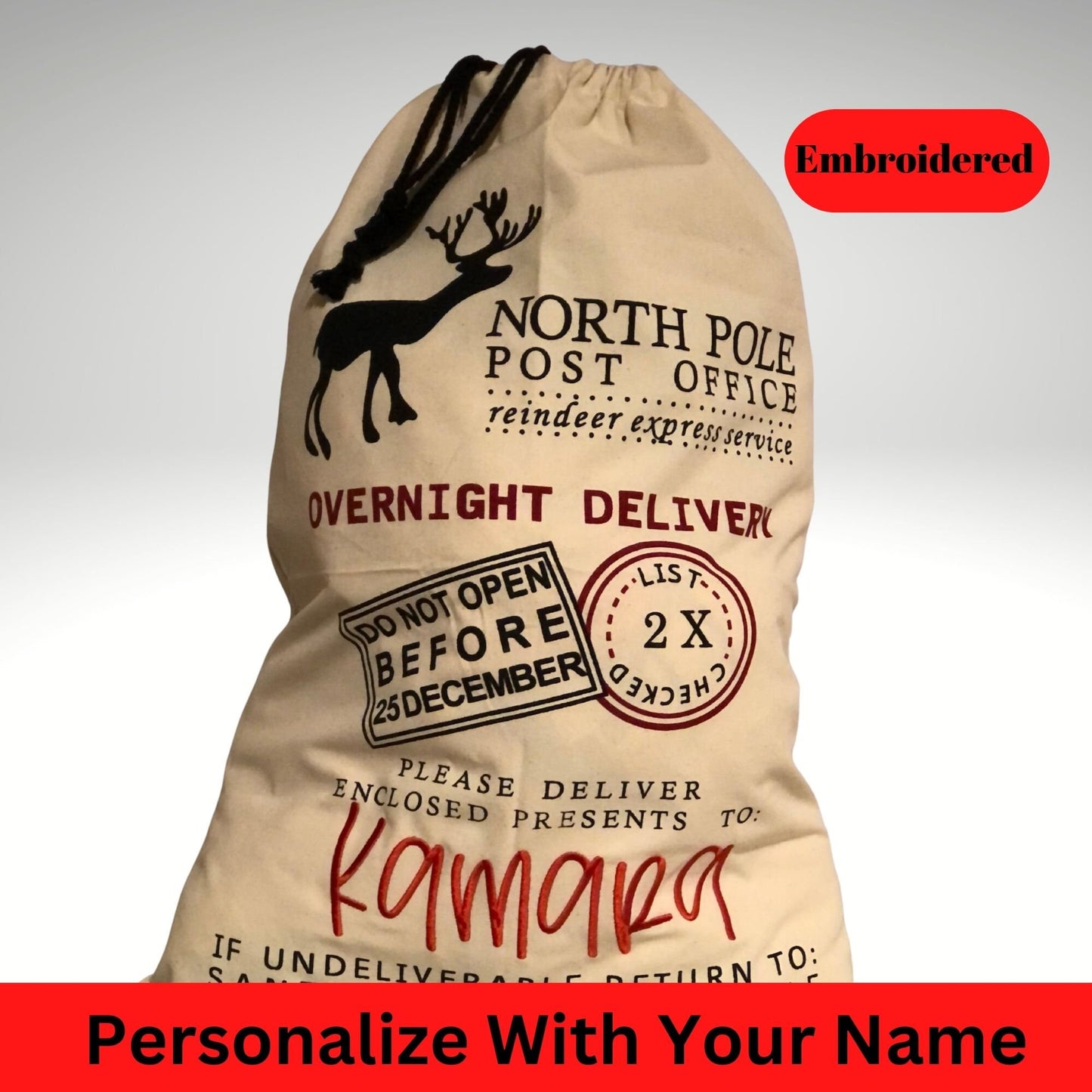 Embroidered Reindeer Santa Sack Personalized with Name