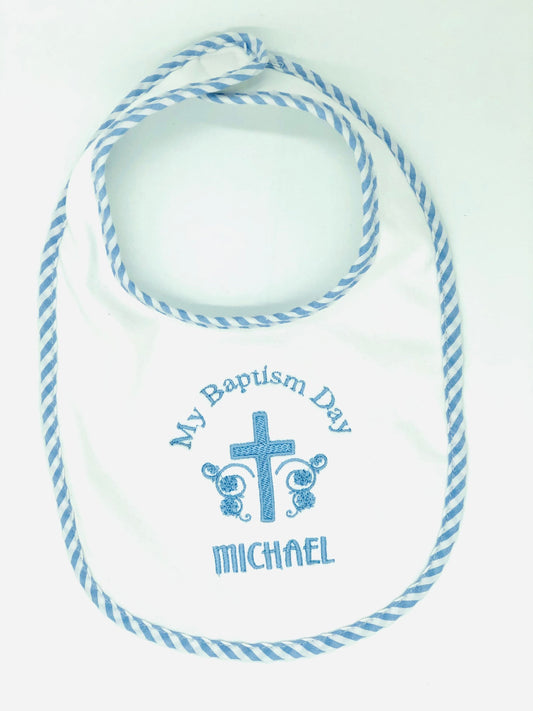 Baptism bib embroidered and personalized with baby’s name makes an excellent gift for a new baby