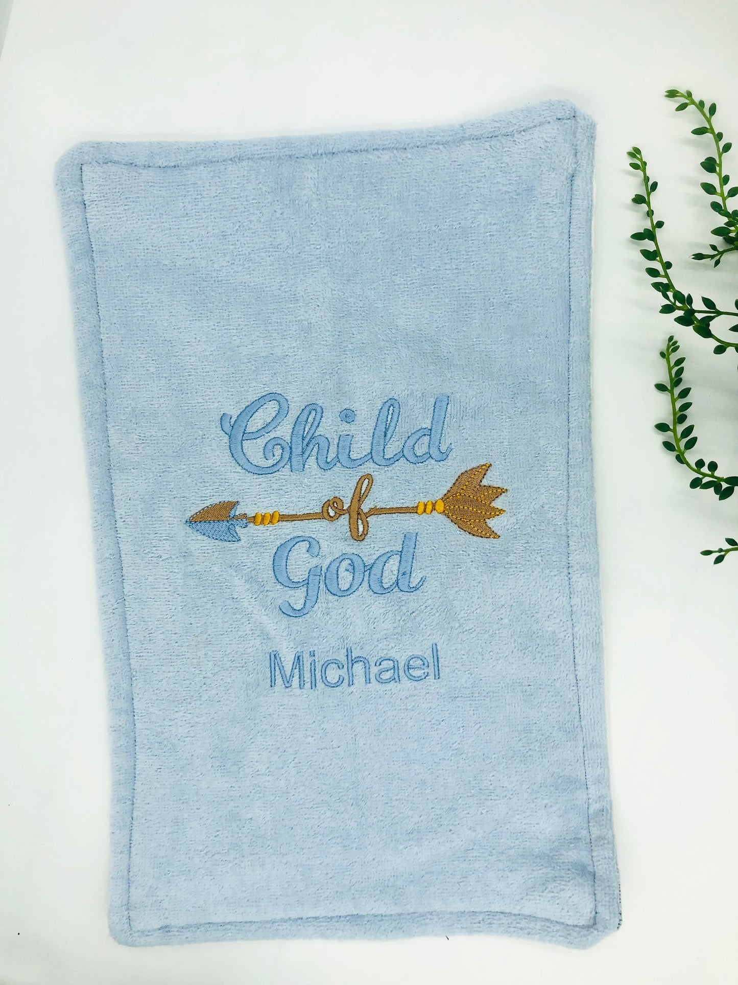 Burp Cloth Embroidered with Name makes an excellent gift for a baby shower for New Mom, Child of God, Handmade