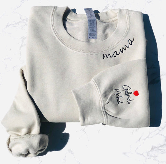 Personalized Embroidered Neck Mama Sweatshirt with Children's names on Sleeve