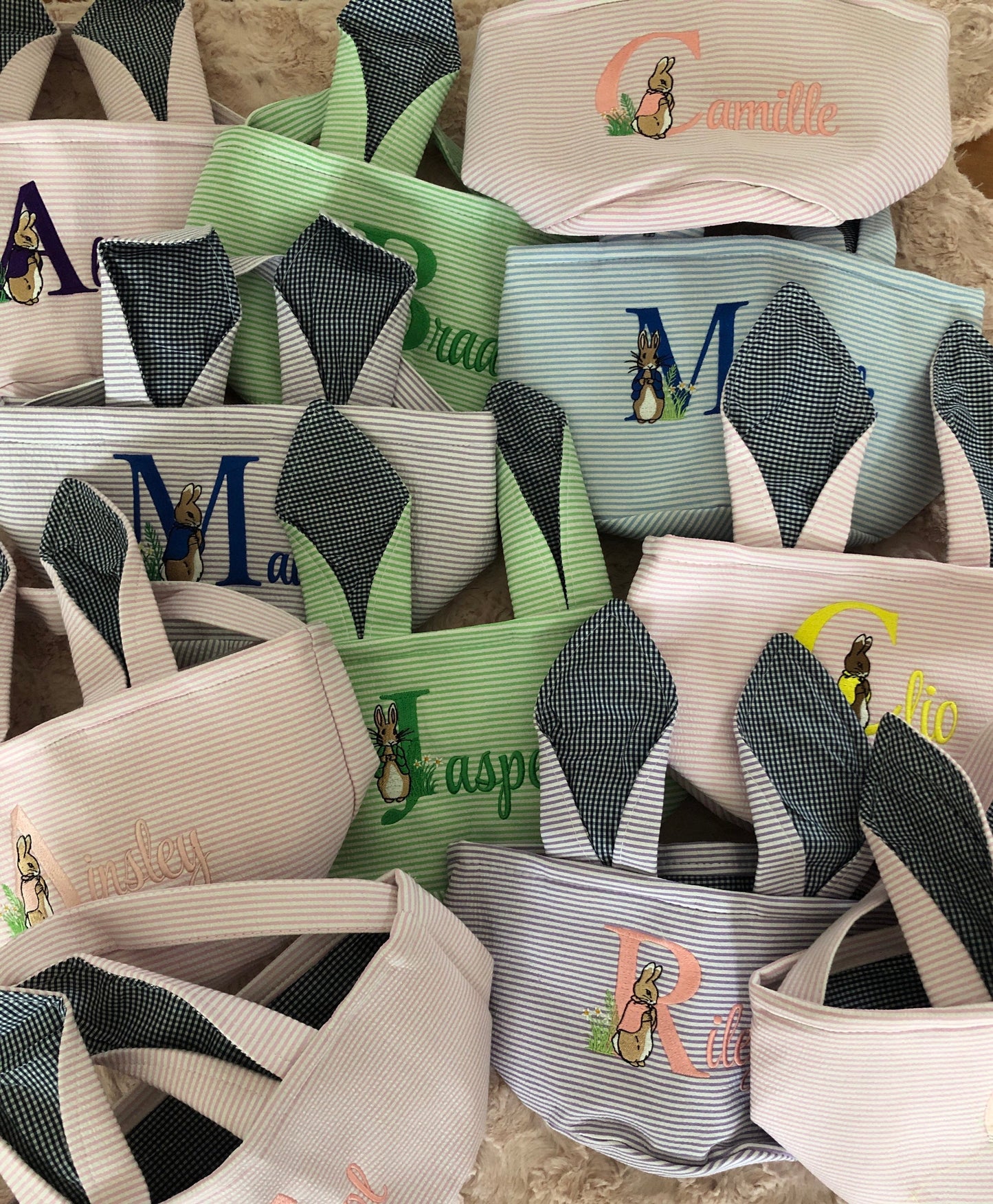 Personalized Embroidered Seersucker Easter Basket Green