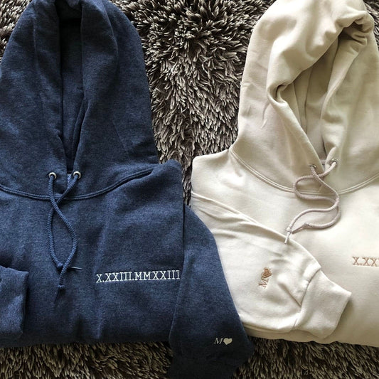Custom Embroidered Roman Numeral Hoodie Personalized with Date and Initials on Sleeve makes an excellent gift for Mom on Mother's Day