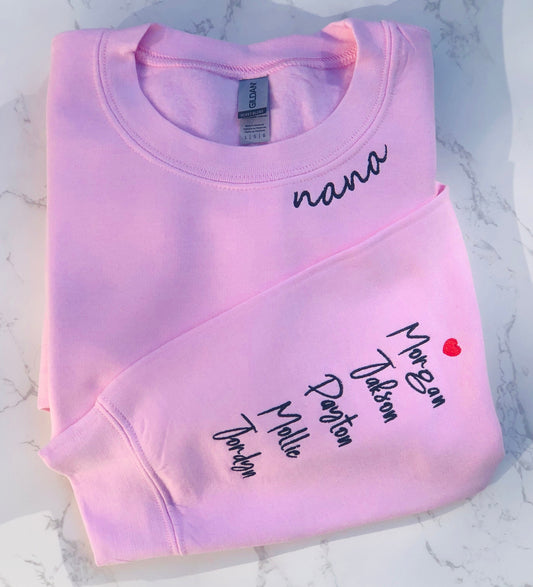 Personalized Embroidered Neck Mama Sweatshirt with Children's names on Sleeve makes an excellent Gift for Mom on Mother's Day