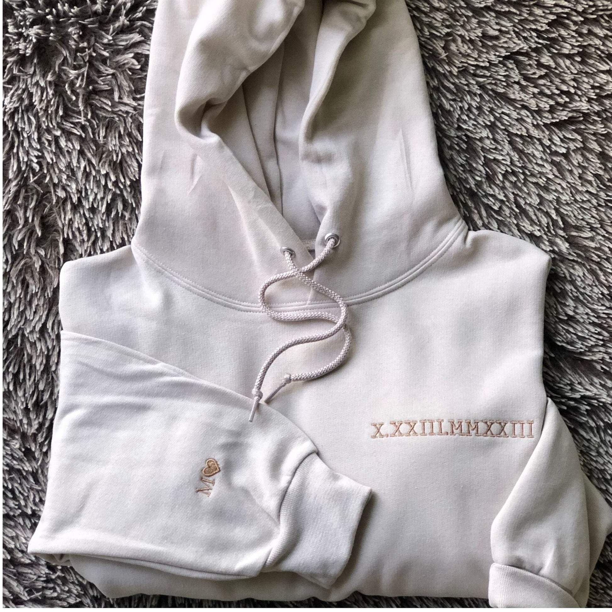 Custom Embroidered Roman Numeral Hoodie Personalized with Date and Initials on Sleeve makes an excellent gift for Mom on Mother's Day