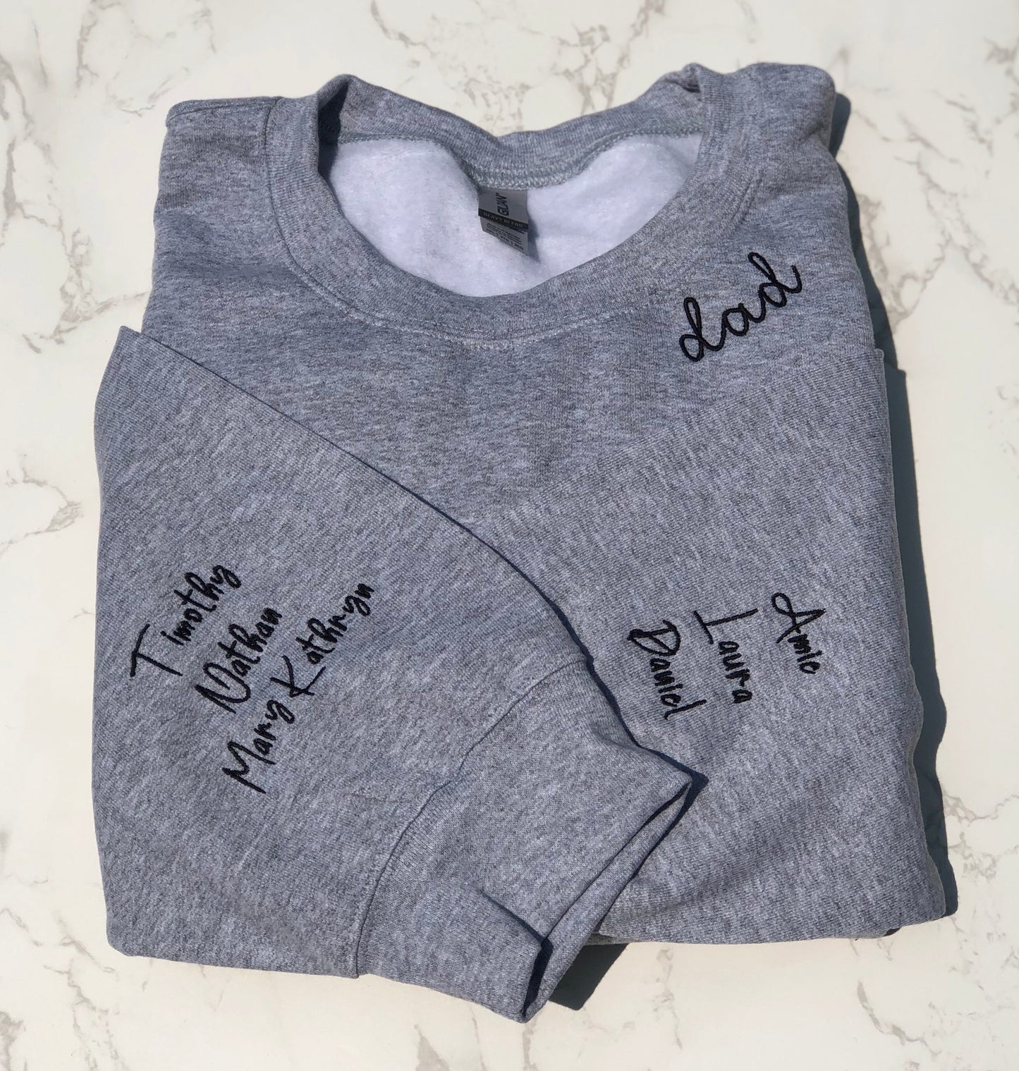 Personalized Embroidered Neck Dad Sweatshirt with Children's names on Sleeve makes an excellent Gift for Dad on Father's Day