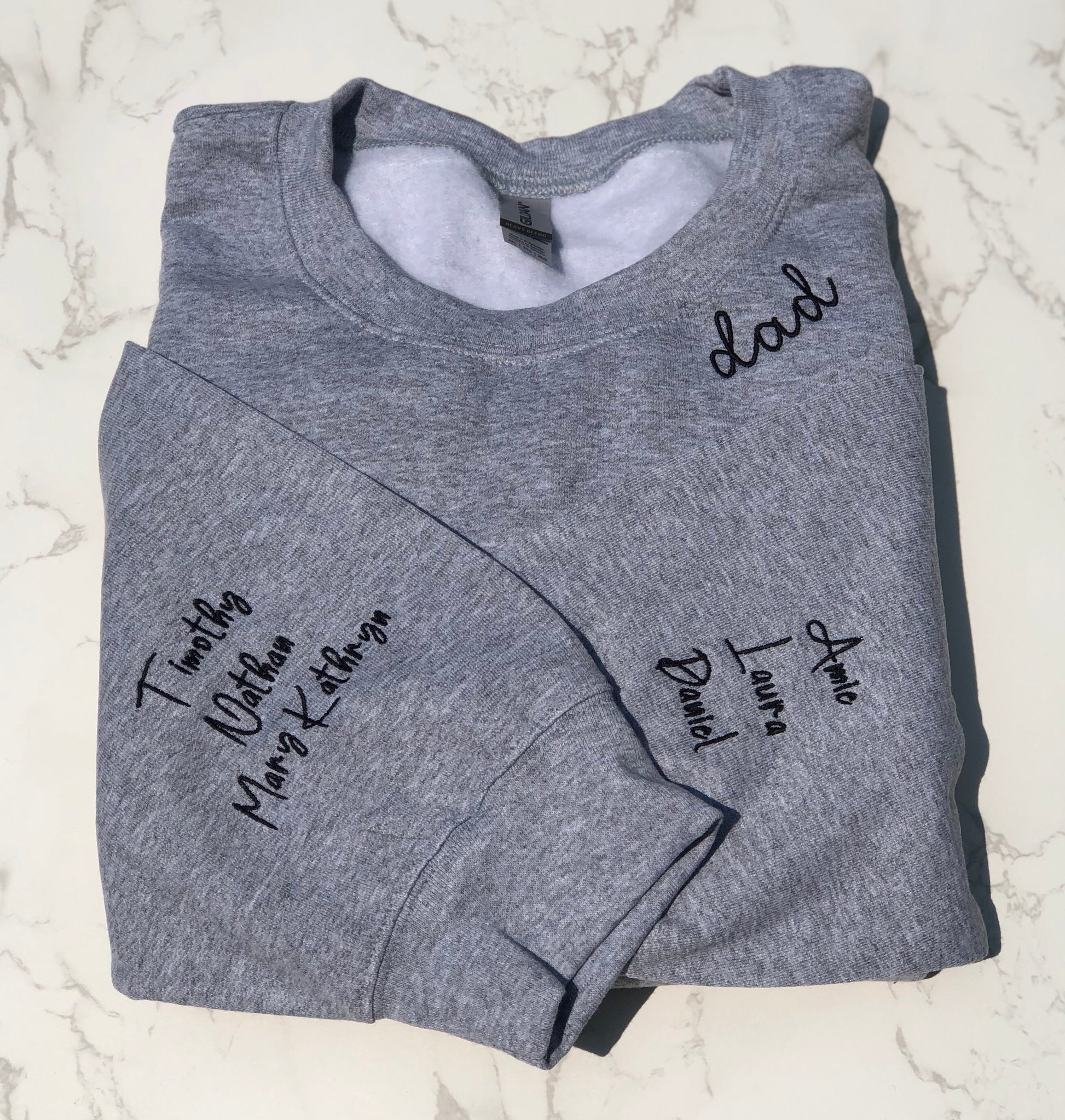 Personalized Embroidered Neck Dad Sweatshirt with Children's names on Sleeve makes an excellent Gift for Dad on Father's Day