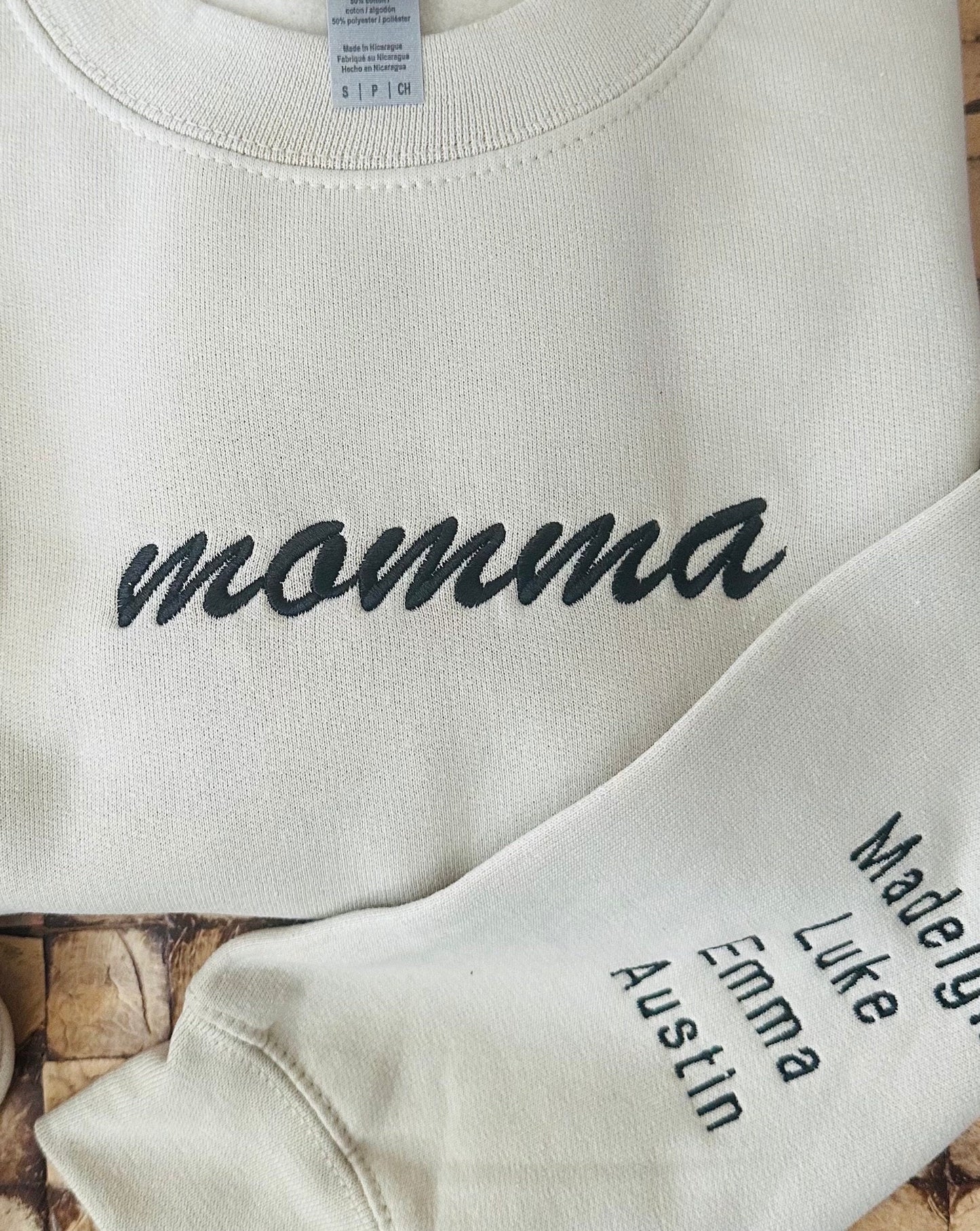 Momma Embroidered Sweatshirt Personalized with Custom Children's names on Sleeve, Momma Shirt, Momma Bear Shirt, Momma Gifts, Mama shirt