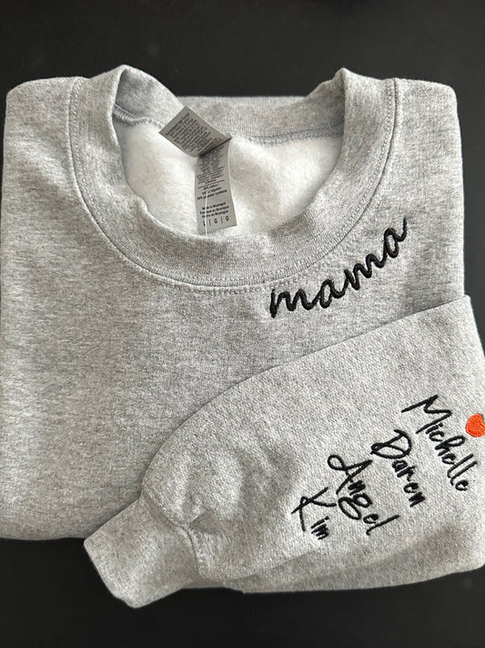 Personalized Embroidered Neck Mama Sweatshirt with Kids names on Sleeve | Gift for Mom Grandma | Custom Crewneck