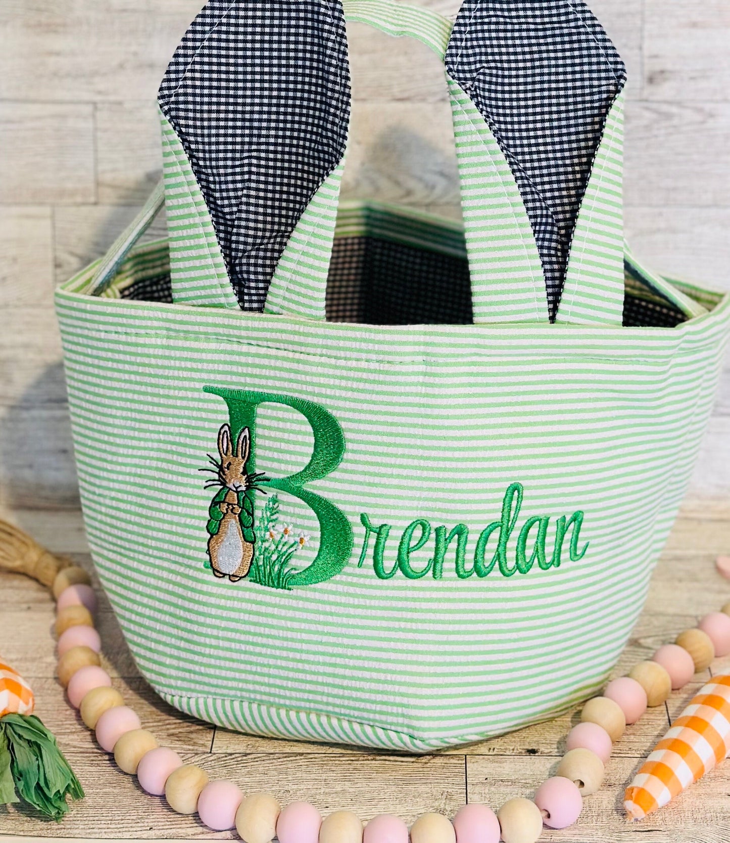 Personalized Embroidered Seersucker Easter Basket Green