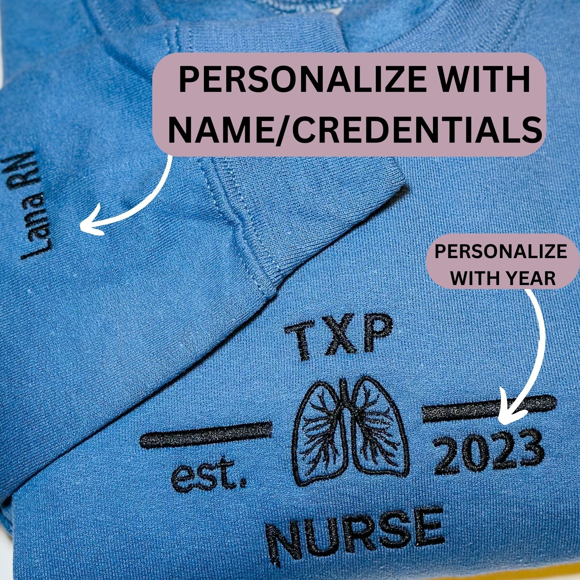 Personalized Embroidered Nurse Sweatshirt customized sleeve, Gift for Nurses Appreciation, RN Work Apparel, NICU, ER, Pediatric, L&D