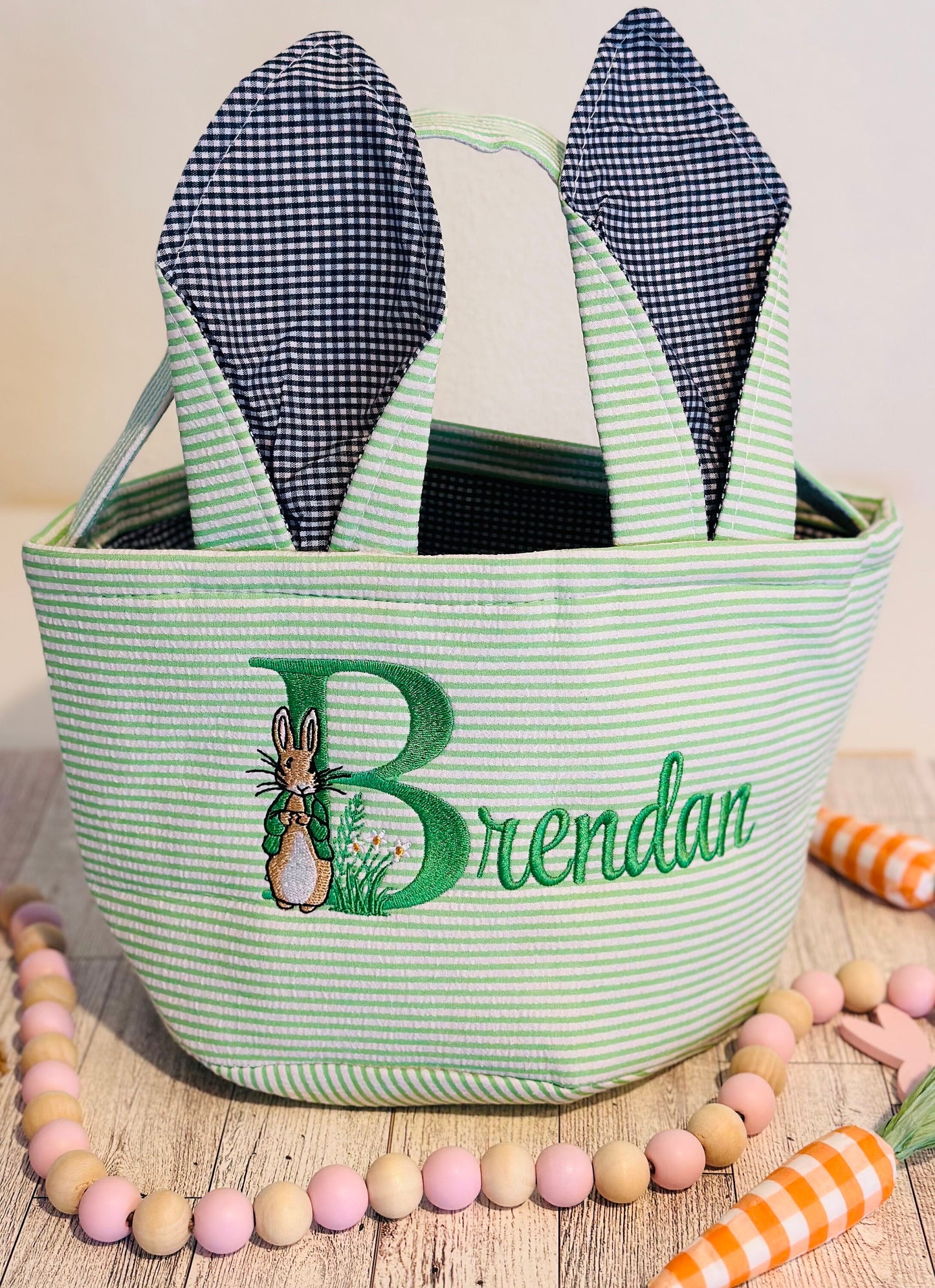 Personalized Embroidered Seersucker Easter Basket Green