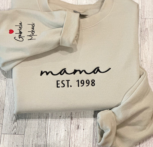 Mama Embroidered Sweatshirt, Custom Mama Shirt With Kids Names, Heart On Sleeve, Pregnancy Reveal Hoodie Gift For New Mom, Mother's Day Gift