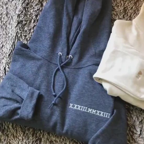 Custom Embroidered Roman Numeral Hoodie Personalized with Date and Initials on Sleeve makes an excellent gift for Mom on Mother's Day