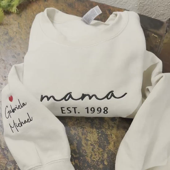 Mama Embroidered Sweatshirt, Custom Mama Shirt With Kids Names, Heart On Sleeve, Pregnancy Reveal Hoodie Gift For New Mom, Mother's Day Gift