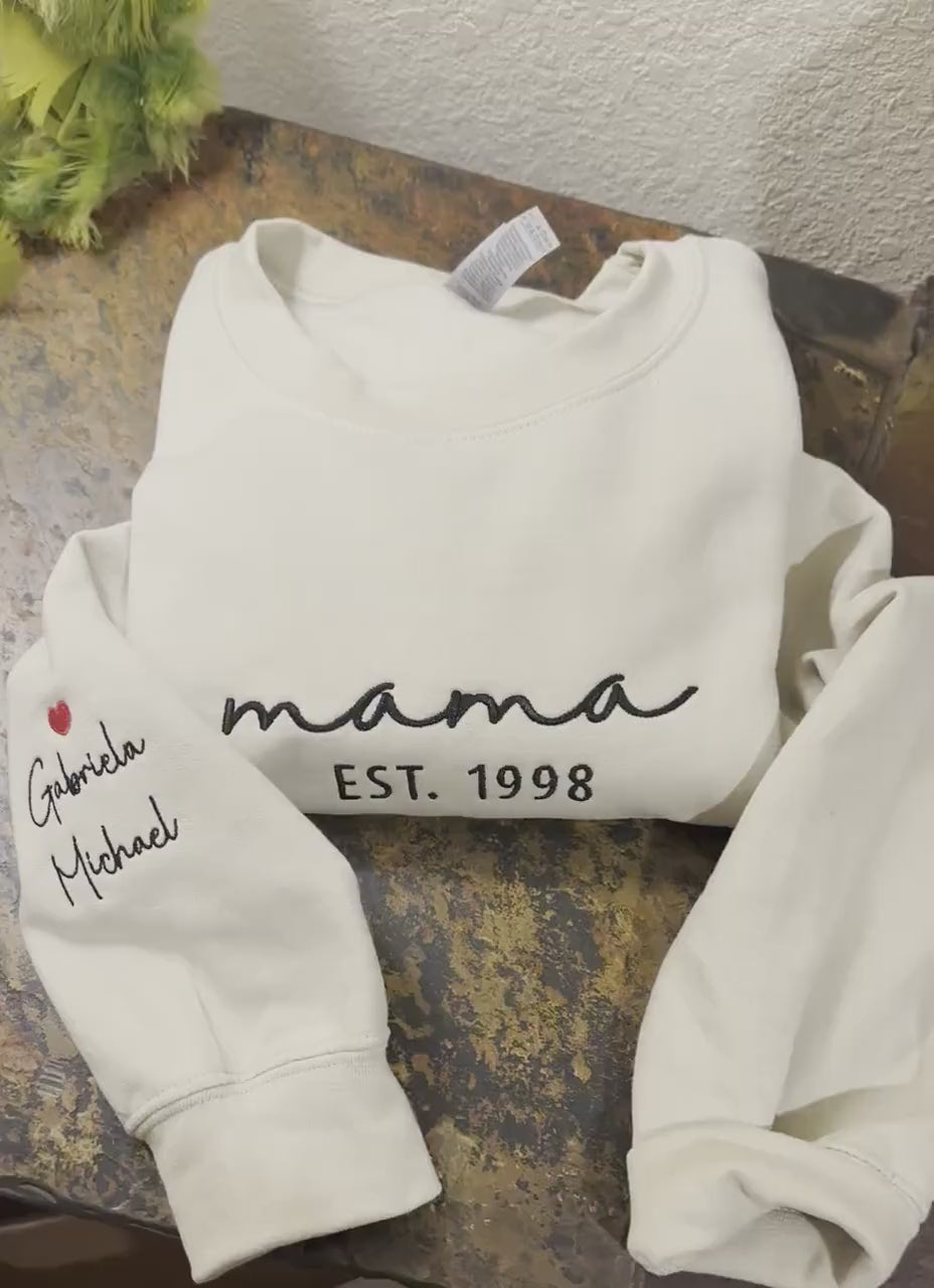 Mama Embroidered Sweatshirt, Custom Mama Shirt With Kids Names, Heart On Sleeve, Pregnancy Reveal Hoodie Gift For New Mom, Mother's Day Gift