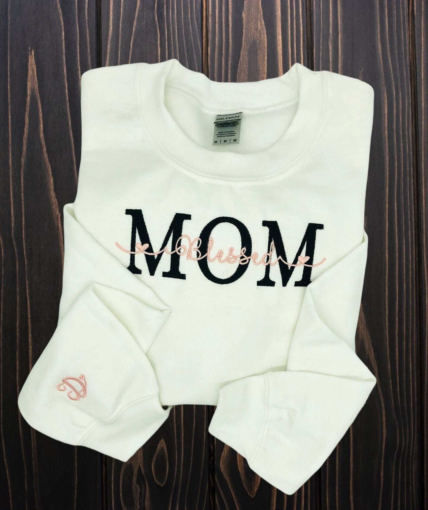 Blessed Mom Embroidered Sweatshirt with Initial on Sleeve