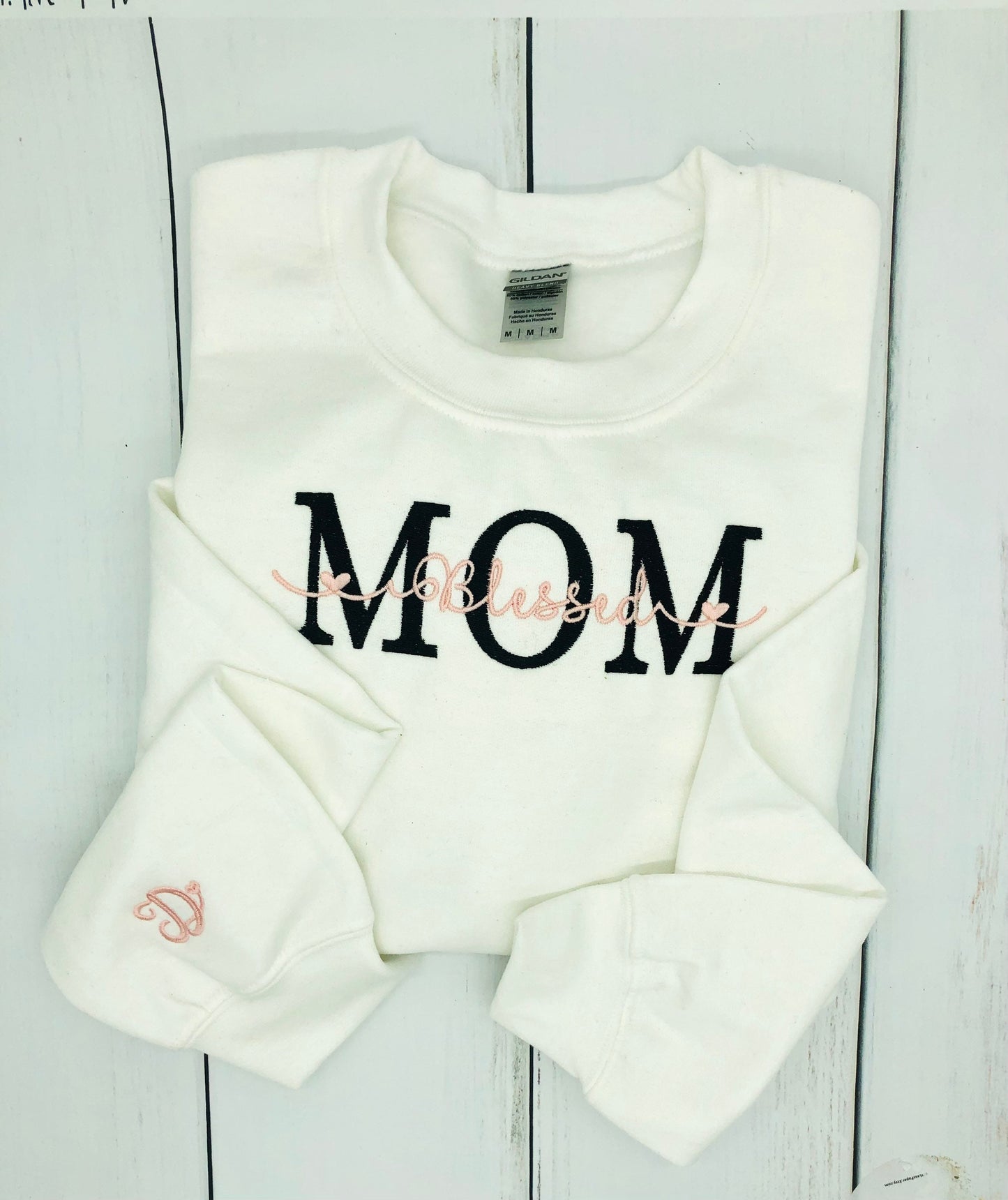 Blessed Mom Embroidered Sweatshirt with Initial on Sleeve