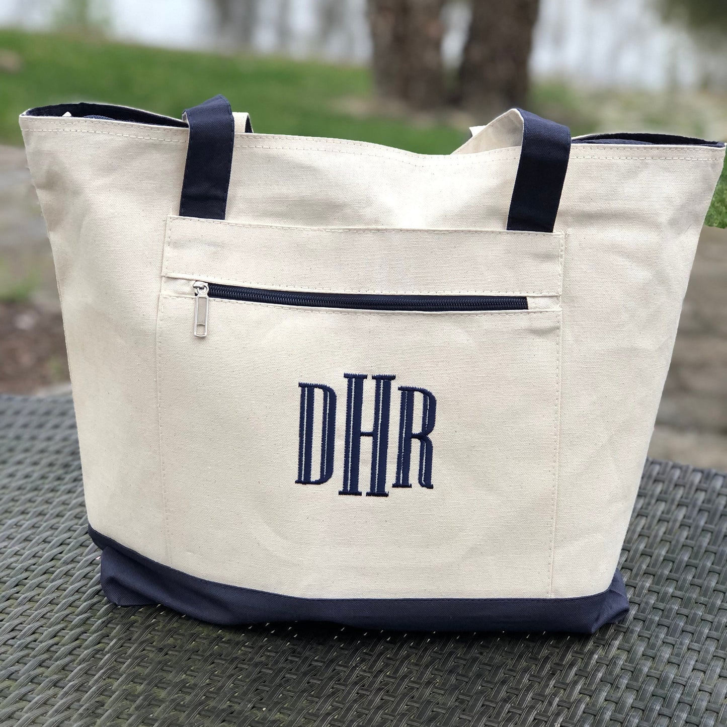 Embroidered Monogrammed Tote Bag with Zipper Pocket