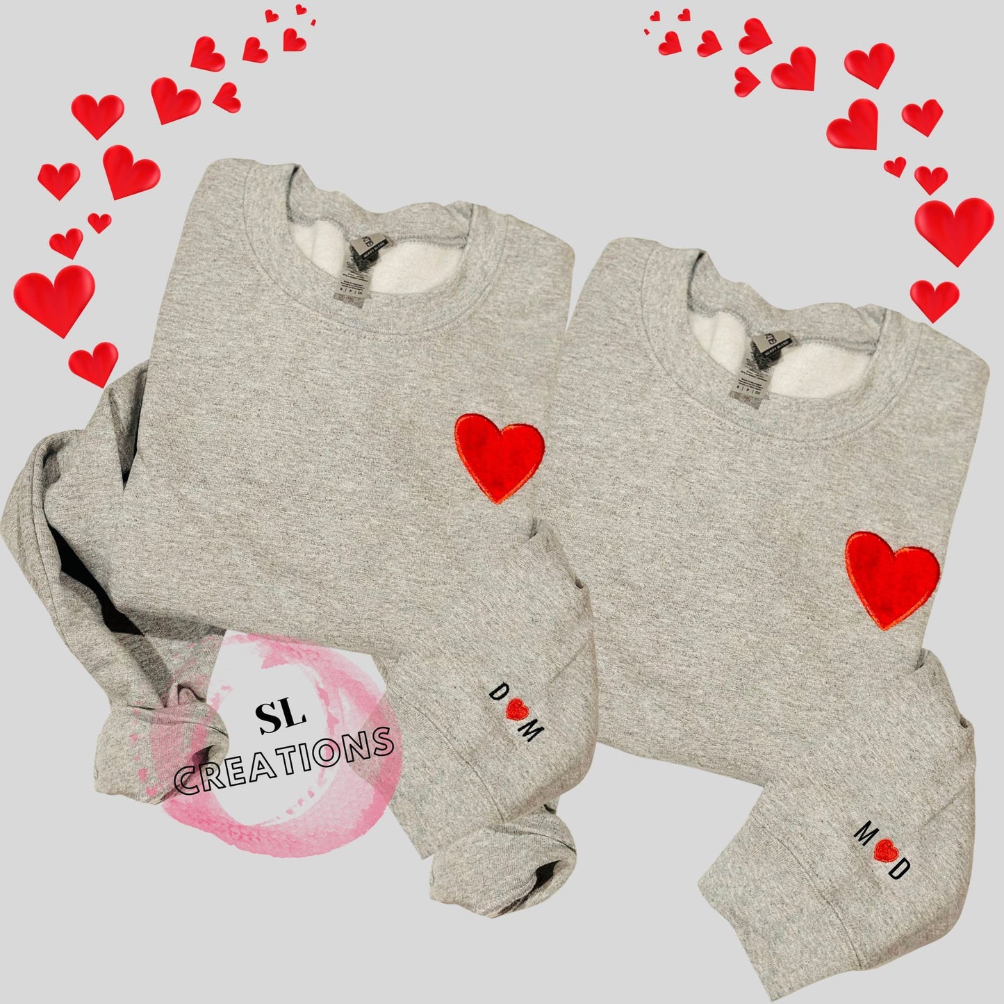 Appliquéd Heart Embroidered Crewneck with Initials and Heart on Sleeve