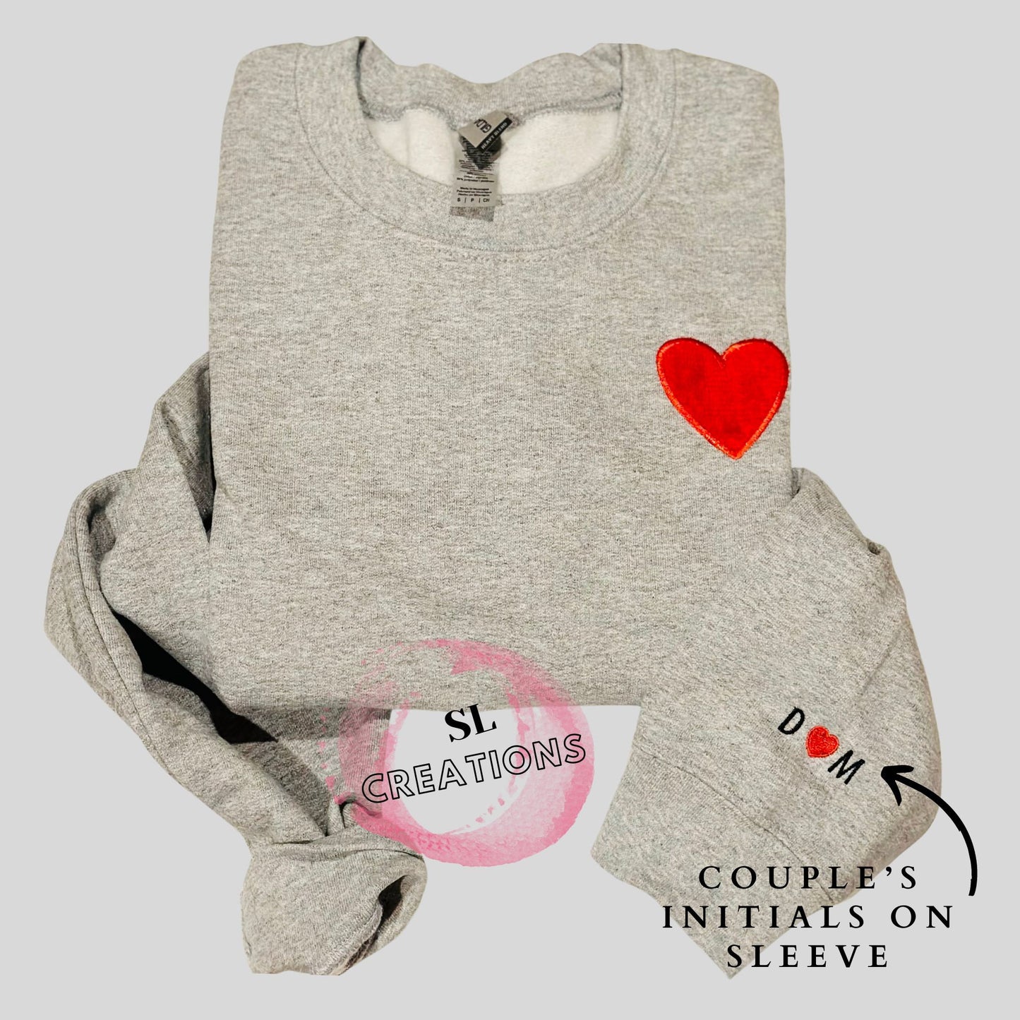 Appliquéd Heart Embroidered Crewneck with Initials and Heart on Sleeve