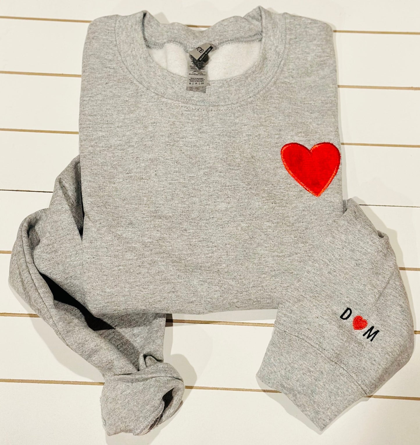 Appliquéd Heart Embroidered Crewneck with Initials and Heart on Sleeve